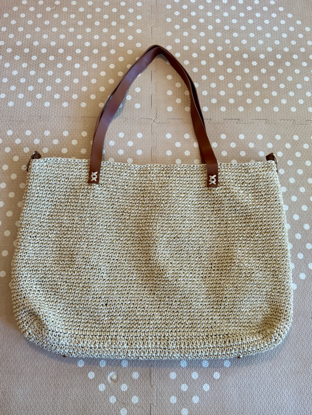 Neutral Woven Tote with Brown Leather Handles - Picture 1 of 6